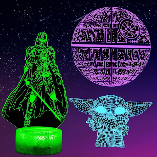 Star Wars Natlampe 3D-lampe Star Wars Lampe 3 mønstre 3D Natlampe gaver til børn drenge 7 farver skifter Star Wars d-WELLNG Star Wars Combo-paket