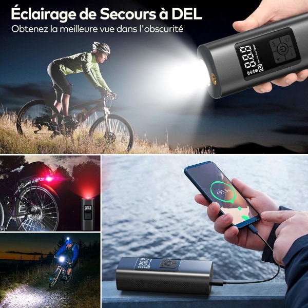 6000mAh Mini Elektrisk Luftpump, Bärbar Luftkompressor Sladdlös Däckuppblåsare 150PSI med Digital LCD-display, Elektrisk Cykelpump med LED-ljus