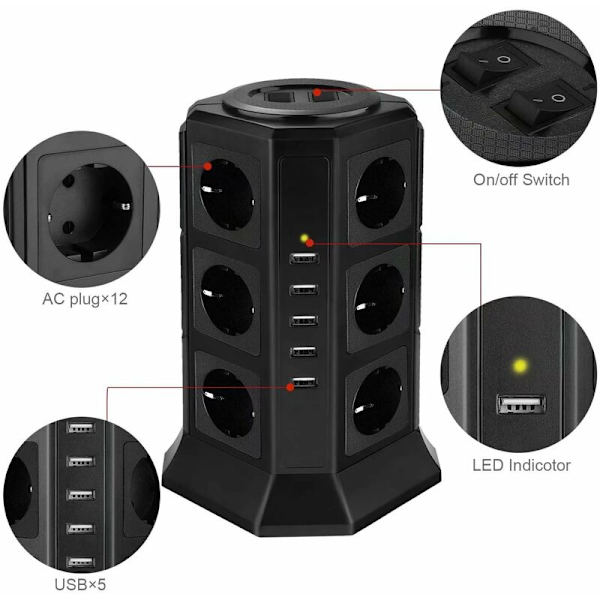 Euro Black USB-liitäntä 12 pistokkeella ja 5 USB-portilla, ylikuormitus- ja ylijännitesuoja, sopii kotiin ja sisätiloihin