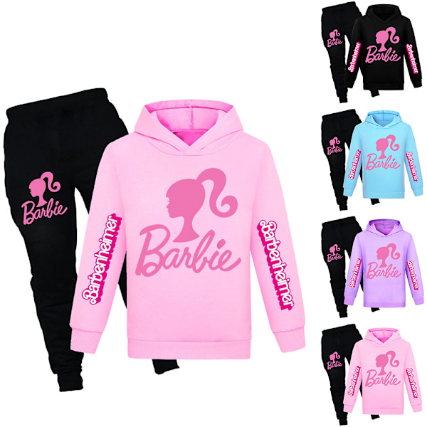 2-pak Barn Piger Barbie Hoodies Trøje Topper Bukser Outfit Sæt lilla purple 130cm