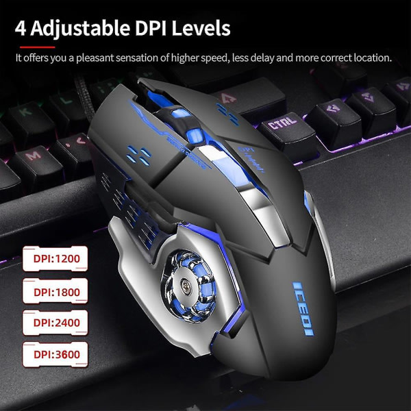 Kablet gamingmus 3600 DPI optisk mus ergonomisk mus 4 justerbare DPI-niveauer/6 knapper/7 farver vejrtrækningslys sort sort