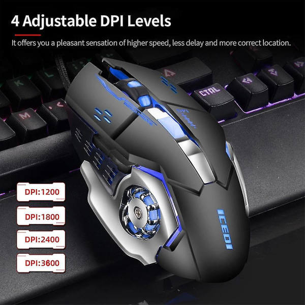 Trådbunden spelmus 3600 DPI optisk mus ergonomisk mus 4 justerbara DPI-nivåer/6 knappar/7 färger andningsljus svart