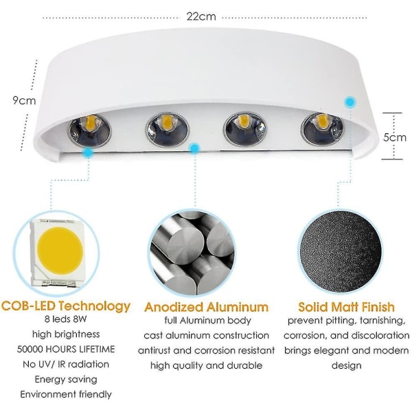 8w LED væglampe - indendørs udendørs væglampe Ip65 justerbar op og ned vægbelysning hvid til hjem soveværelse stue gang trappe