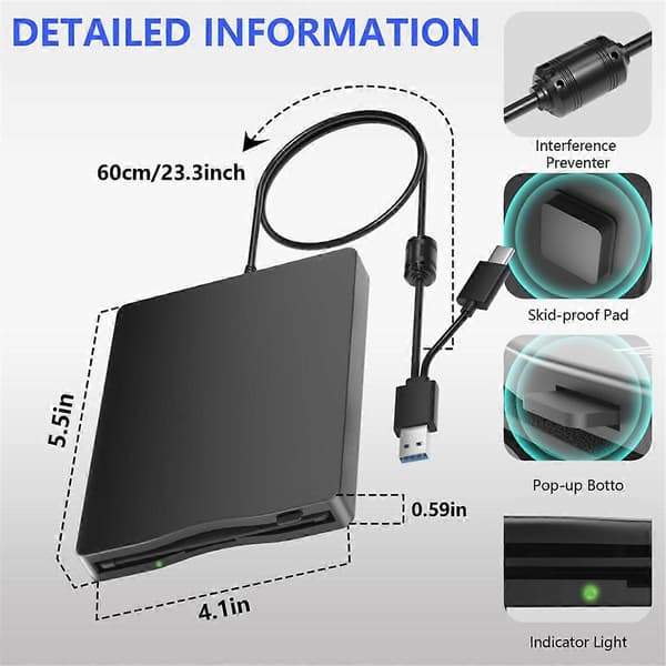 Ekstern USB-C diskettstasjon for 3,5\" disketter