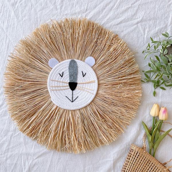 Vävda trådtecknade L-ion Tiger Macrame Tassel Huvud Vägg Hängande Dekor 19,6 tum Style 2