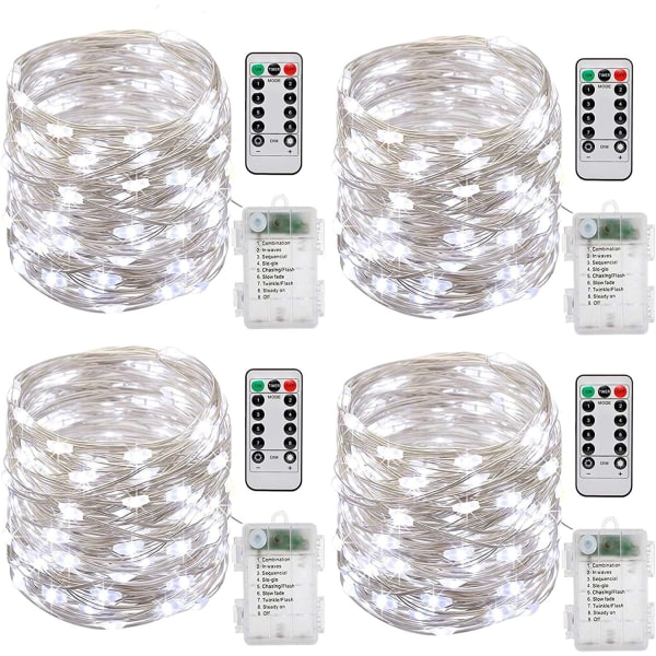 Strenglys med batteri, [sett med 4] 10M 100 LED-er Timer Functi