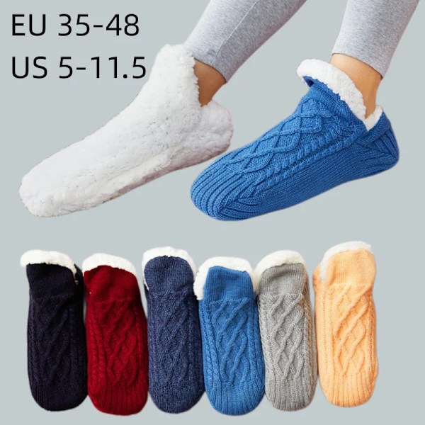 Kvinners strikkede tøffelsokker Myke fuzzy sokker Antislip sokker Vinter innendørs Dobbeltlags Sovesokker Marineblå Navy blue M EU 40-42