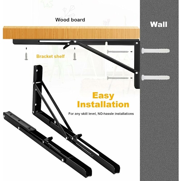 2 st svarta väggmonterade fällbara konsoler, 500 x 170 mm fällbara konsoler