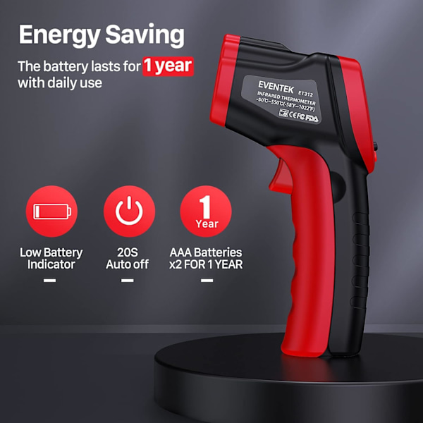 Infrarød termometer, Eventek IR lasertermometer -50°C-550°C (-58°F-1022°F), kontaktfri digital temperaturpistol