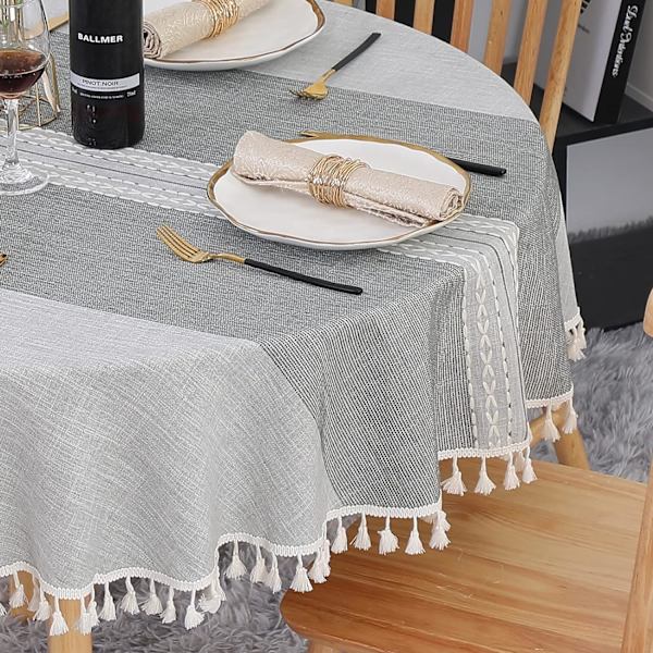 Rund bordsduk 140cm Grå Tvättbar Linne & Bomull Duk Fläckbeständig med Tofs, Randig Broderi för Födelsedag, Bröllop, Kaffe Bord