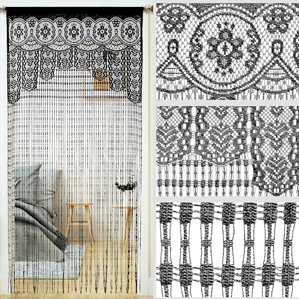 2 stk romdeler døråpning hippie vindupanel romdeler vegggardiner (35×79in/90×200cm,svart)