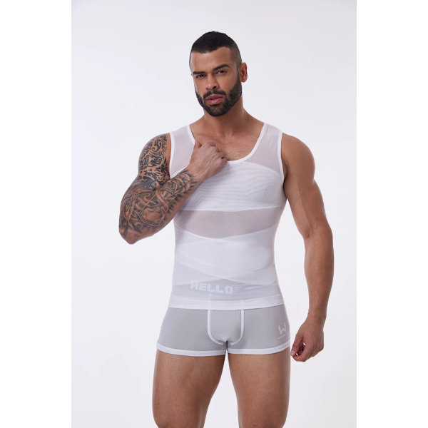 Kompressionsskjorte til mænd, slankende undertrøje, kropsformer, undertrøje, gynomastika, ærmeløs shapewear-vest, mesh-korset, HVID-FA3- WHITE 3XL
