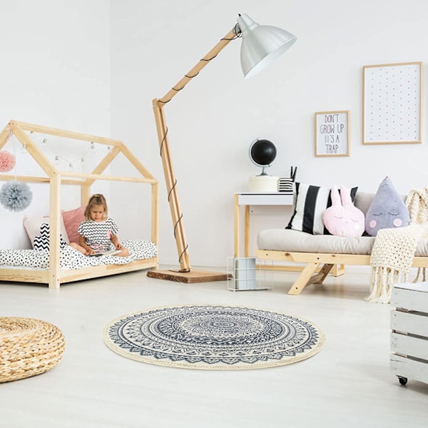 Nordisk Rund Matta för Vardagsrum Sovrum Etnisk Stil Hängande på Byrå eller Fåtölj, Golv eller Sängmatta 92×92 (Blå)