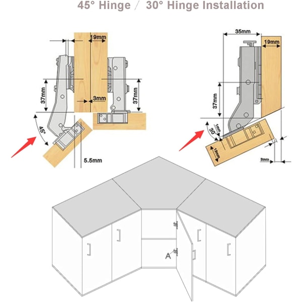 45 asteen kulma-avain Ø 35 mm ilman läppää monipuolisille saranapuolille kulma taitto-oville Kaappihuonekalut 4 kpl