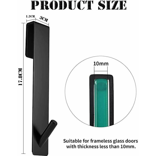 Duschkroge, 2 stk. brusekrog til brusevæg, håndklædekroge uden boring, badeværelsesdørskroge, rustfrit stål, til glas med en tykkelse på 6-12 mm, sort