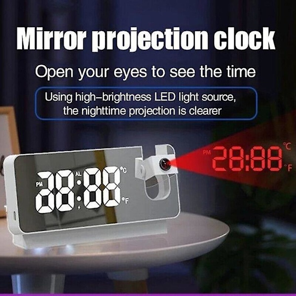 LED-spegelprojektionsväckarklocka termometer digital snooze roterad display USB