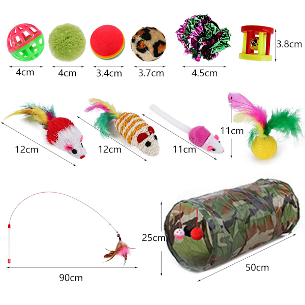 21 stycken kattleksaker, Kitty Toys Assorted, kattunnel fjäder teaser trollspö mus möss bollar och klockor leksaker set för katt