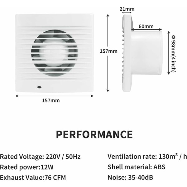 Poistoilmapuhallin 100mm 12W 130m³/h takaiskuventtiilillä ja ketjukytkimellä,