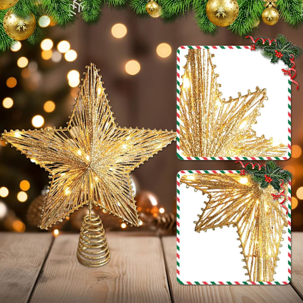 1 stjerne for juletretopp i gull med glitter og 10 LED-lys, juletrepynt