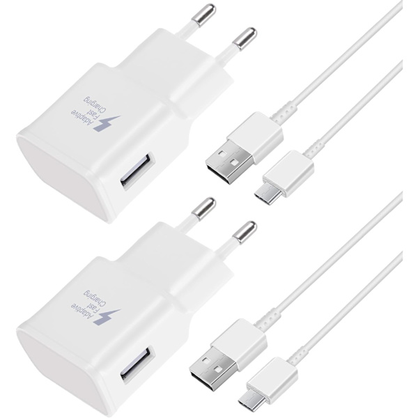 2 stk hurtigladere, 1,2 m kabel, kompatibel med Samsung Galaxy S22 S21 S20 S8 S10 S9 Plus Note 7 8 9 10 A53 LG, HTC 2-pack/white