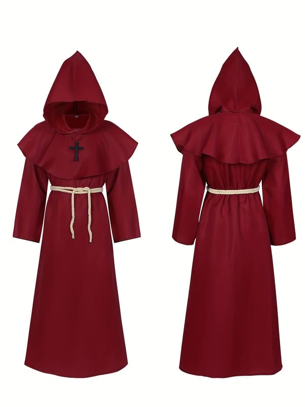 Hætteklædt middelalderlig præstekappe-kostume til mænd, polyesterfestkappe med bælte S Burgundy