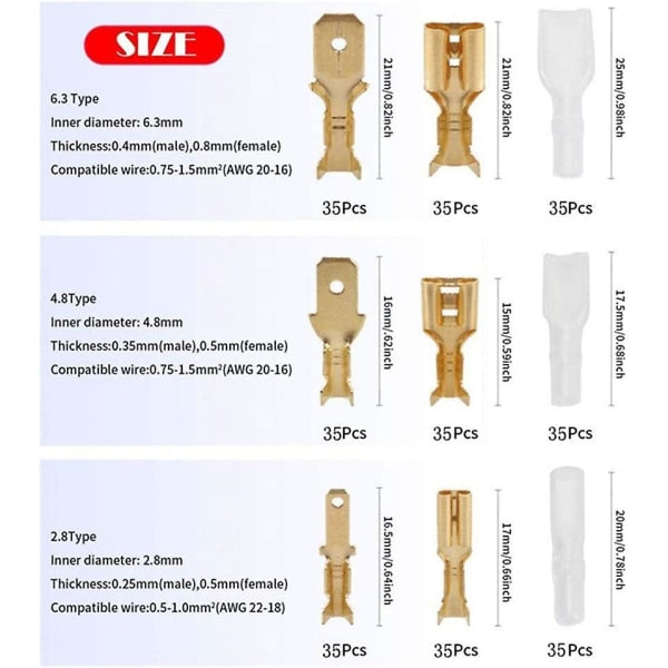 Hane Hona Spade Connector Elektrisk Wire Crimp Terminal Block Hane Hona Platt Anslutning med isolerande hylsa För Electric Wire Crimp, Golden,