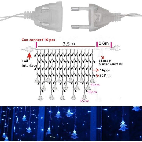 Gardinstänger, 96 LED-slingor 3m*0,65m, 8 ljuslägen, Wi