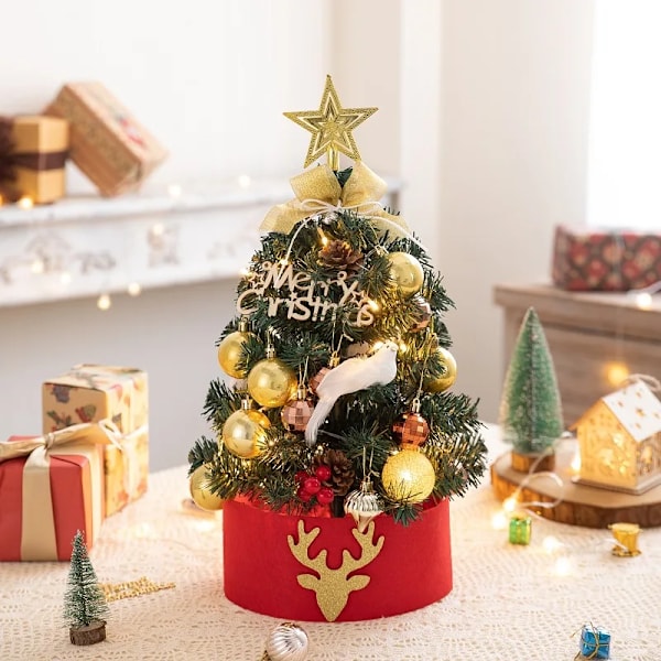 Desktop Julgran LED-ljus 60CM Mini Bord Present Xmas Tree Artificiell Julgran Navidad Ornament Hemdekoration 2023 guld gold gold 45CM