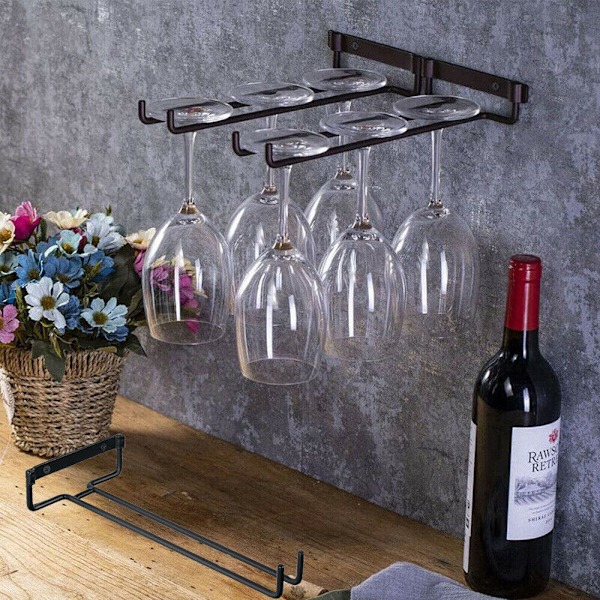 Vinglasstativ Hængende Hyldeholder Hanger Organizer Under Cabinet Opbevaring 2PCS Sort black