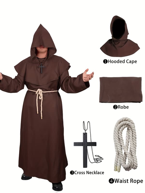 Hætteklædt middelalderlig præstekappe kostume til mænd, polyester renæssancekappe med bælte M Dark Brown