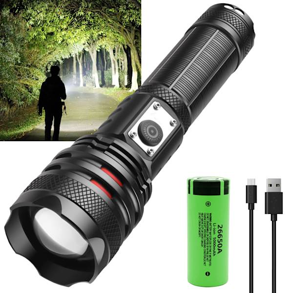 Taktisk ficklampa LED, 20000 lumen P70 hög effekt, USB-laddningsbar, laddningsbart 26650 batteri, lämplig för utomhuscamping och jakt