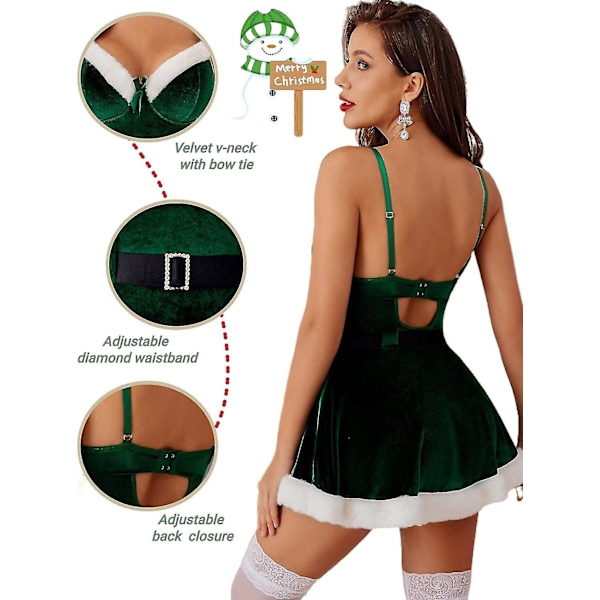 Sensuel Jul-Kjole Sæt, Babydoll Chemise i Fløjl, Nattøj til Kvinder, Premium Julegrøn Xmas Green Small