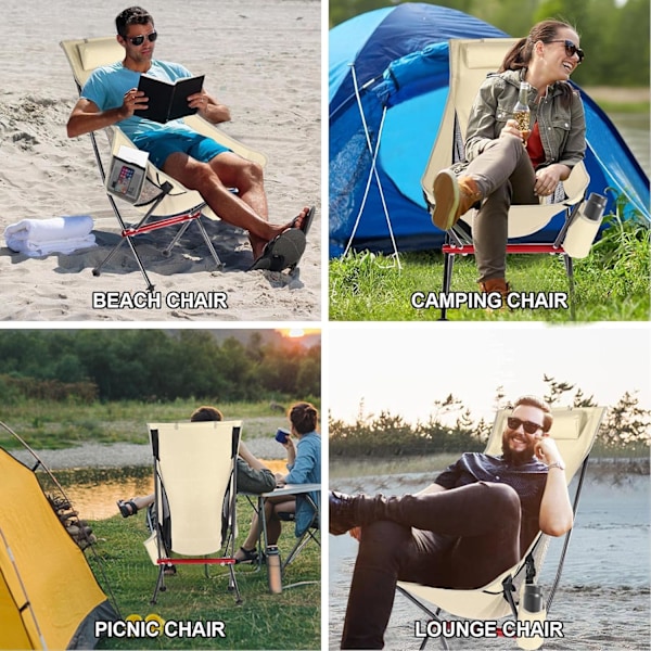 (Bred Beige) Fällbar Campingstol Hög Rygg Stol för Vuxna Utomhus Resor, Strandstol, Vandring
