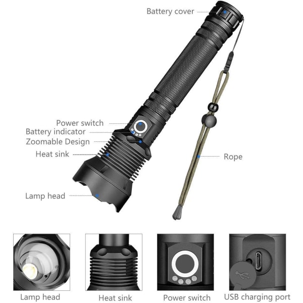 LED Flashlight 90000 Lumens XHP70 Ultra Powerful Adjustable Zoom