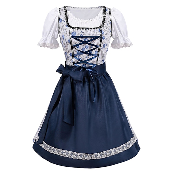 Spetsklänning för Oktoberfest med förkläde, traditionell bayersk ölkostym, tysk Dirndl-festklänning Blå S Blue