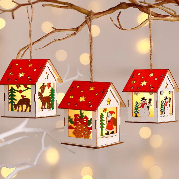 DIY Christmas Hängande timmerstuga i naturligt trä med varm LED
