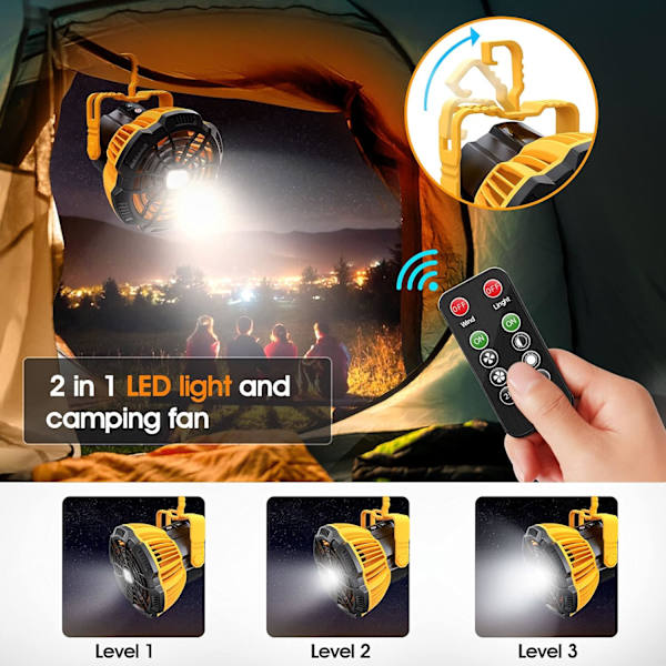 Bärbar Campingfläkt för Tält, 2 i 1 Laddningsbar USB-Tält