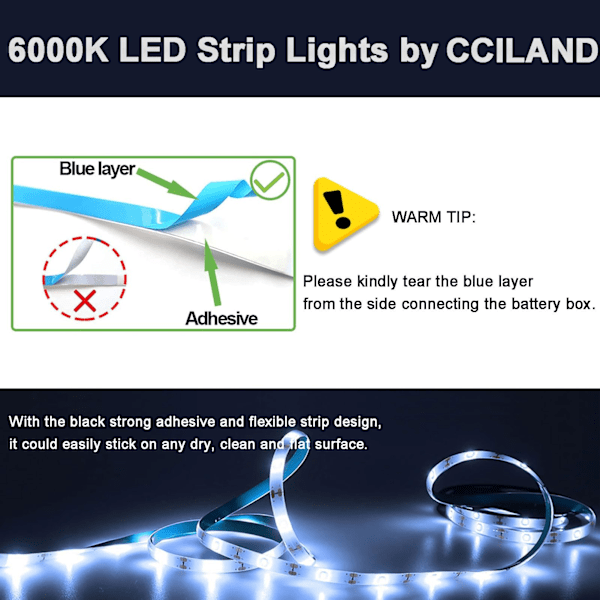 3 m batteri LED-remsa ljus med fjärrkontroll, LED-lampor remsa vattentät, 8 lägen, dimbar, timer, självhäftande (kall vit)