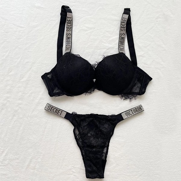 Sensuell Lingeri Komfort Kvinner Sett Push Up BH Victoria's Secret Lingeri Sett Kvinnelig Undertøy Vetement Femme Spets Svart Lace black Lace black 80C