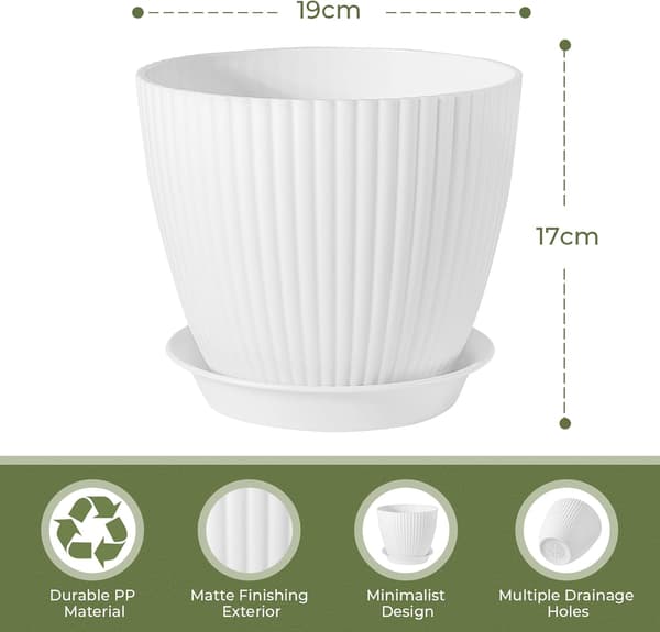 6-pak stribede riflede urtepotter med drænhuller og underskåle Indendørs urtepotter Moderne dekorative potter til alle stueplanter 19x16cm-FA-