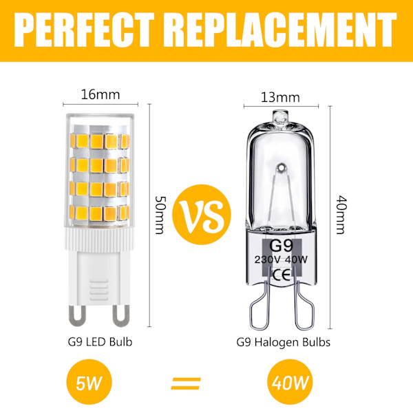 G9 LED-pærer Varmt Hvit, 5W, 500LM, 3000K, Erstatning for 40W G9 Halogenpære, Flimmerfri Ikke-dimbar for Belysningsdekor, Kronelys, 10-pakning
