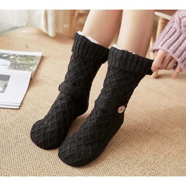 Søde og varme sokker med knap og antislip - FLUFFIGE - One Size MÖRKGRÅ