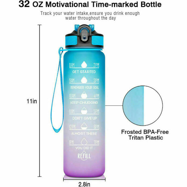 2-pakning - 1 l vannflaske med sugerør og timer Blue-Purple