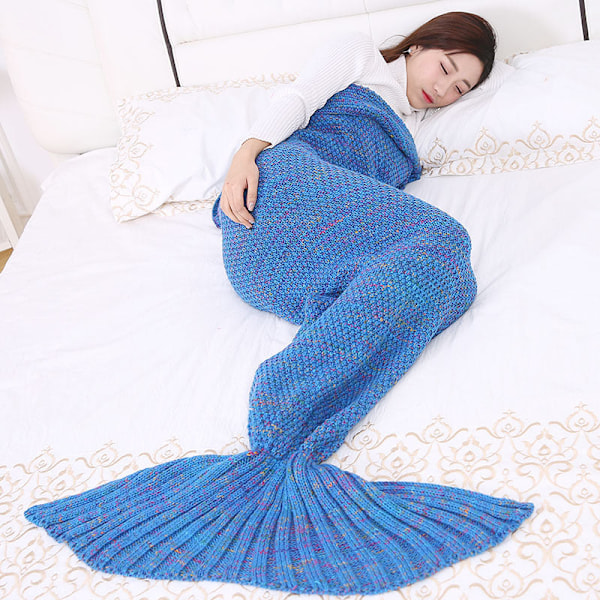 Uldtæppe Havfrue Tæppe Strikket tæppe Havfruehale Tæppe Cover Lyseblå Light Blue 70*140cm