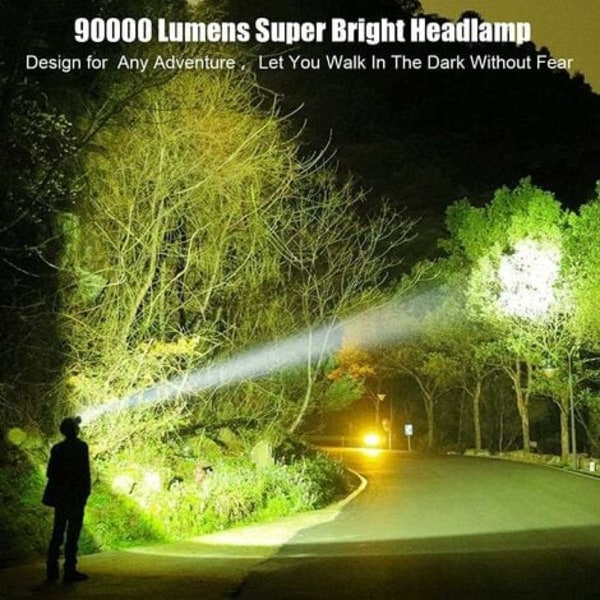 LED-hodelykt, 90 000 lumen superlys med 5 moduser og IPX6 vanntett USB-ladbare hodelykt, 90° justerbar, egnet for