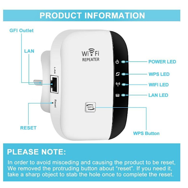 Wi-Fi Forstærker Repeater / Udvider Rækkevidde 300 Mbps Wifi white 130