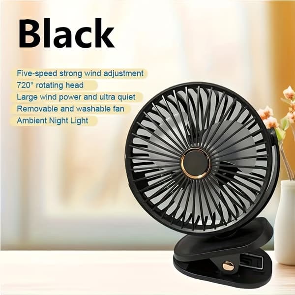 USB-ladattava minituuletin LED-yövalolla 1200 mAh Clamp/Stand/Han Black