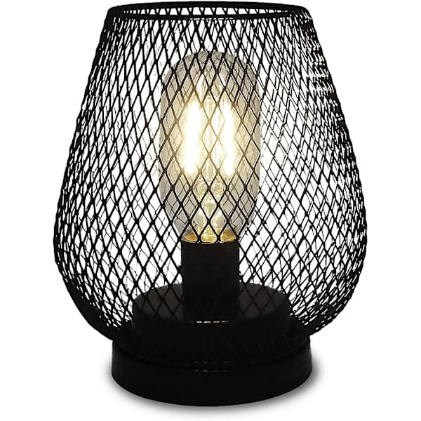 Sänglampsburen Batteridriven Metallbordslampa Sladdlös med LED Edison-lampa för Sovrum, Fest, Matrum, Kontor (Svart)