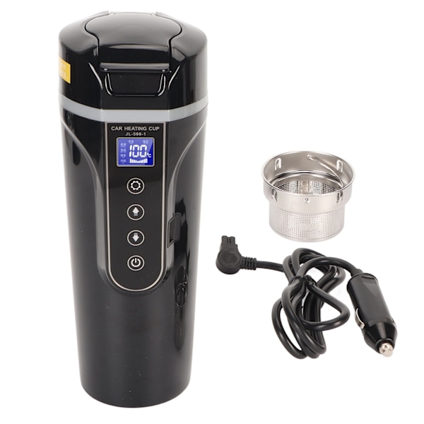 Resa Elektrisk Vattenkokare 500ml Svart Vattentemperaturdisplay 96W 12V 24V Bilvärmemugg för Te Kaffe 0.1