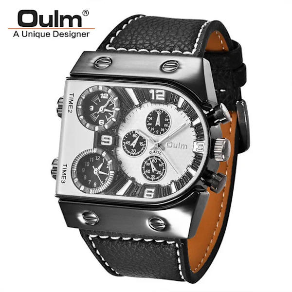 Oulm Klockor Herr Quartz Casual Läderarmband Armbandsur Sport Multi-Time Zone Militär Man Klocka C2